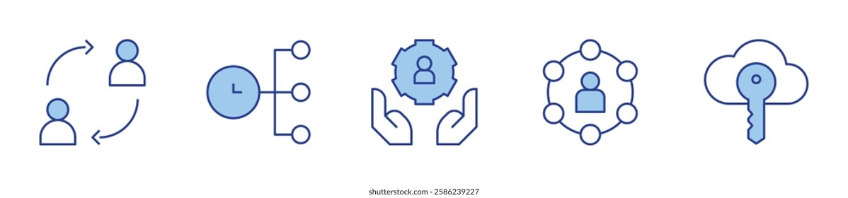 key, time manager, community, user, change. Management Icon vector illustration. Line Duotone style. Editable stroke.