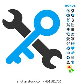 Key Tools icon with bonus pictograms. Vector style is bicolor flat iconic symbol with rounded angles, blue and gray colors, white background.