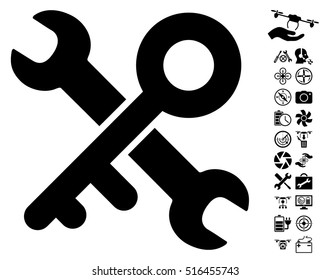 Key Tools icon with bonus quadrocopter service pictograms. Vector illustration style is flat iconic symbols on white background.