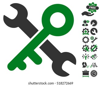 Key Tools icon with bonus setup tools pictograph collection. Vector illustration style is flat iconic green and gray symbols on white background.