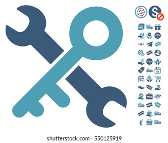 Key Tools icon with free bonus design elements. Vector illustration style is flat iconic symbols, cyan and blue colors, white background.