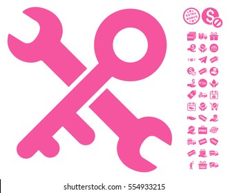 Key Tools icon with free bonus images. Vector illustration style is flat iconic symbols, pink color, white background.