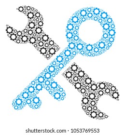 Key Tools mosaic of cog wheels. Vector cog wheel components are organized into key tools collage.