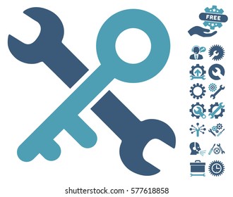 Key Tools pictograph with bonus service pictograph collection. Vector illustration style is flat iconic cyan and blue symbols on white background.