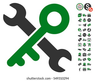 Key Tools pictograph with free bonus graphic icons. Vector illustration style is flat iconic symbols, green and gray colors, white background.