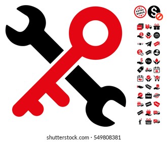 Key Tools pictograph with free bonus pictures. Vector illustration style is flat iconic symbols, intensive red and black colors, white background.