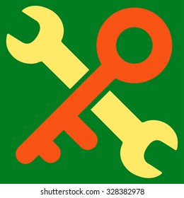 Key Tools vector icon. Style is bicolor flat symbol, orange and yellow colors, rounded angles, green background.