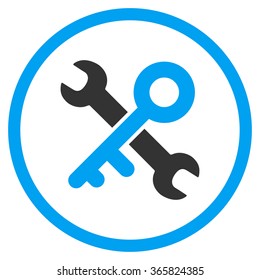 Key Tools vector icon. Style is bicolor flat circled symbol, blue and gray colors, rounded angles, white background.