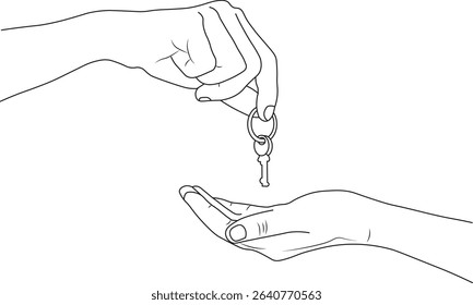 Key Transfer Line Art – Minimal line drawing of one hand passing a key to another, symbolizing ownership, security, or real estate transfer.
