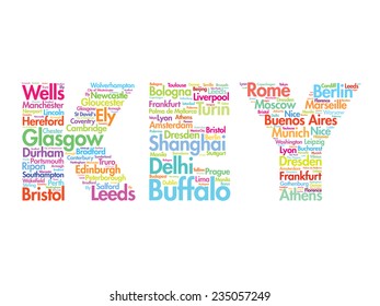 KEY travel concept made with words cities names, vector collage