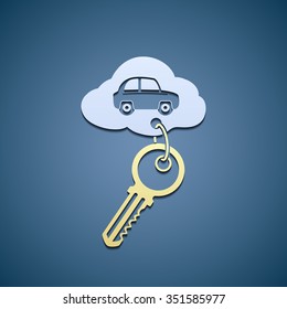 Key with trinket from the car. Flat graphics. Stock vector illustration.