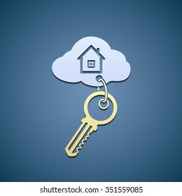 Key with trinket from the home. Flat graphics. Stock vector illustration.