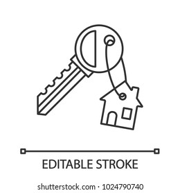 Key with trinket house linear icon. Thin line illustration. Real estate. Contour symbol. Vector isolated outline drawing. Editable stroke