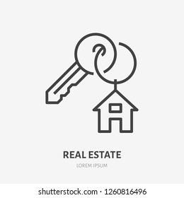 Key with trinket house on ring flat line icon. Vector thin sign of trinket, condo rent logo. Real estate illustration.