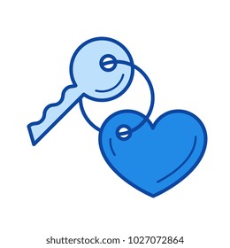 Key with a trinket in the shape of heart line icon isolated on white background. Key with a trinket in the shape of heart line icon for infographic, website or app. Blue icon designed on a grid system