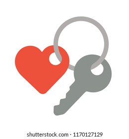 Key with a trinket in the shape of heart sign, flat style icon vector illustration isolated on white background