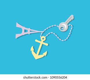 Key trinket and souvenirs set, keyring with Eiffel tour from Paris, anchor symbolizing sea adventures of travellers collection vector illustration