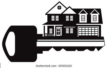 Key To Two Level New House With Two Car Garage Black And White Outline Abstract Vector Illustration