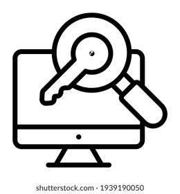 Key under magnifying glass inside monitor, icon of search keyword