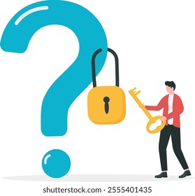 Key to unlock answer for problem and questions, solution or reason to solve problem, wisdom or understanding concept, smart businessman holding golden key to unlock keyhole on question mark sign.

