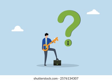 Key to unlock answer for problem and questions, intelligent entrepreneur grasping golden key to open keyhole on question mark symbol. 