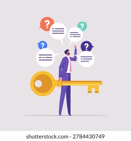 Key to unlock answer for problem and questions concept, solution or reason to solve problem, businesswoman holding golden key and offer solution for question marks