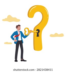 Key to unlock answer for problem and questions solution reason smart businessman holding golden key unlocking keyhole vector illustration concept