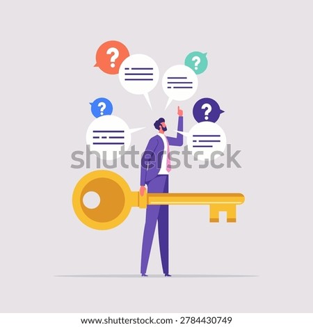 Key to unlock answer for problem and questions concept, solution or reason to solve problem, businesswoman holding golden key and offer solution for question marks
