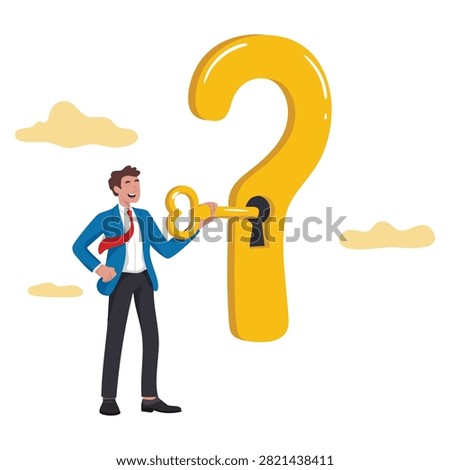 Key to unlock answer for problem and questions solution reason smart businessman holding golden key unlocking keyhole vector illustration concept