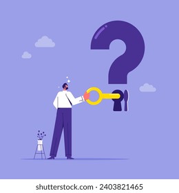 Key to unlock answers for problem and questions concept, solving problems, overcoming obstacles, businessman holding big key to unlock keyhole on question mark sign