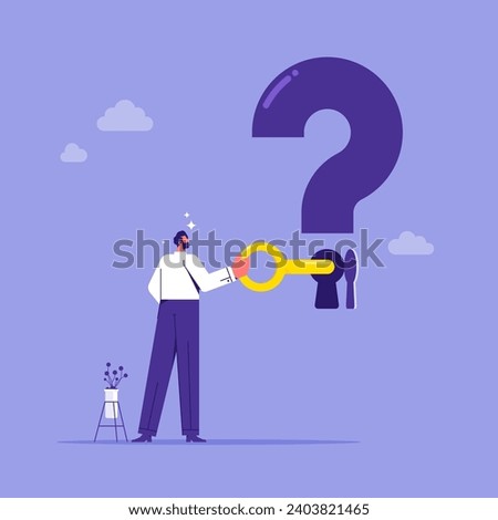 Key to unlock answers for problem and questions concept, solving problems, overcoming obstacles, businessman holding big key to unlock keyhole on question mark sign