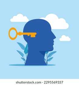 Key unlocking human head. Therapy, psychology. Modern vector illustration in flat style