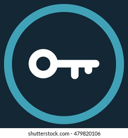 Key vector bicolor rounded icon. Image style is a flat icon symbol inside a circle, blue and white colors, dark blue background.
