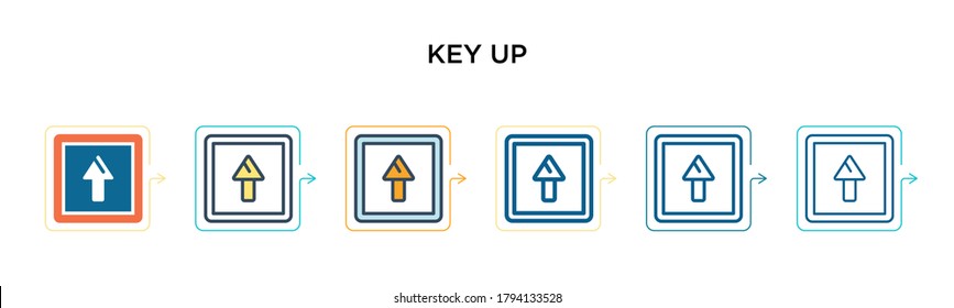 Key up vector icon in 6 different modern styles. Black, two colored key up icons designed in filled, outline, line and stroke style. Vector illustration can be used for web, mobile, ui