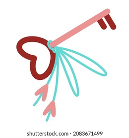 Key vector icon. Hand-drawn cute illustration. Love symbol, graceful key with a handle in the shape of a heart with a ribbon. Festive sketch for valentine's day. Romantic gift, simple color concept.