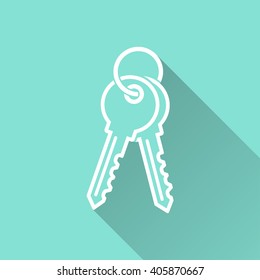 Key   vector icon with long shadow. White illustration isolated on green background for graphic and web design.  