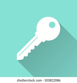 Key vector icon with long shadow. White illustration isolated on green background for graphic and web design.
