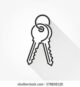 Key vector icon with long shadow. Black illustration isolated on white background for graphic and web design.