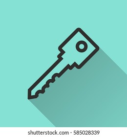 Key vector icon with long shadow. Black illustration isolated on green background for graphic and web design.