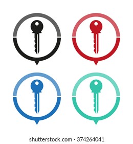 Key - vector icon; map pointer;  message bubble