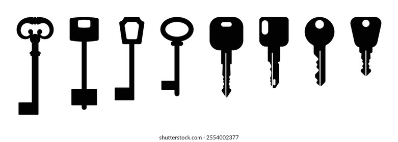 Key vector icon set. Black silhouette of house and door keys to unlock locks. Security system and access control illustration for web, graphic design, and print. Isolated on white background.