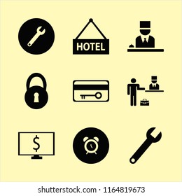 key vector icons set. with alarm, hotel reception, hotel and check in hotel in set