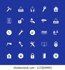 key vector icons set. with check in hotel, open lock, diagnostycs wrench and key tag in set
