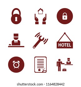 key vector icons set. with diagnostycs wrench, lock, house buying contract and hotel in set