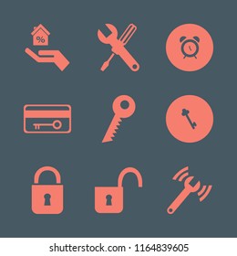 key vector icons set. with diagnostycs wrench, key card, alarm and key in set