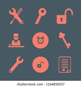 key vector icons set. with wrench, house buying contract, hotel reception and key in set