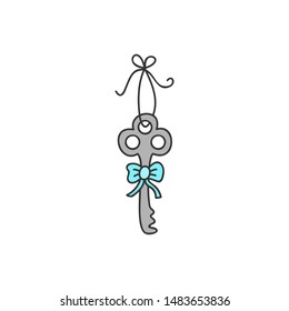 Key vector illustration. Magic, fairy tale cute key on string with blue ribbon. Hand drawn isolated, outlined icon, sticker.
