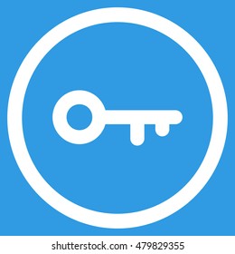 Key vector rounded icon. Image style is a flat icon symbol inside a circle, white color, blue background.