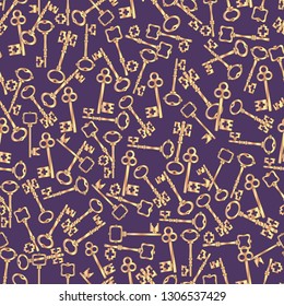 Key in vintage, antique gold style collection. Vector silhouettes Seamless pattern