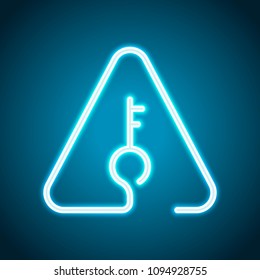 Key in warning triangle. Linear icon with thin outline. One line style. Neon style. Light decoration icon. Bright electric symbol